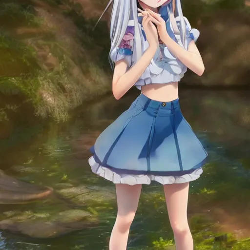 Prompt: a very beautiful anime girl, full body, long blond hair, sky blue eyes, full round face, short smile, mini jeans skirt, cute top, summer lake setting, highly detailed, trending on Artstation, Unreal Engine 4k, cinematic wallpaper by Stanley Artgerm Lau, WLOP, Rossdraws, James Jean, Andrei Riabovitchev, Marc Simonetti, and Sakimichan