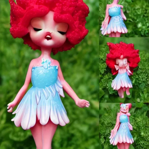 Prompt: a femo figurine of a cute funny strawberry fairy with a frilly floral dress featured on steven universe, by lois van baarle