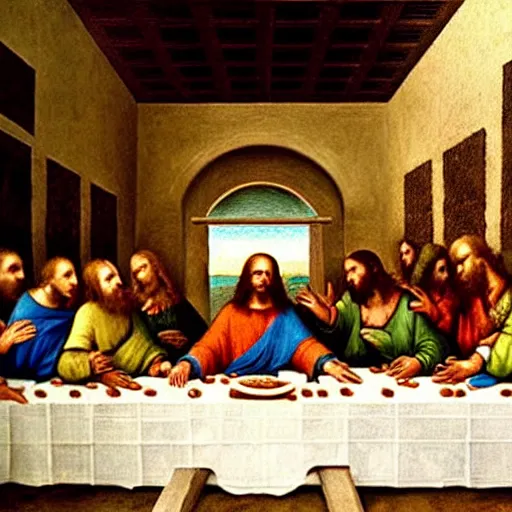 Prompt: in The Last Supper by Leonardo da Vinci, Jesus is eating a large delicious hamburger that has a beef patty, lettuce, and tomato