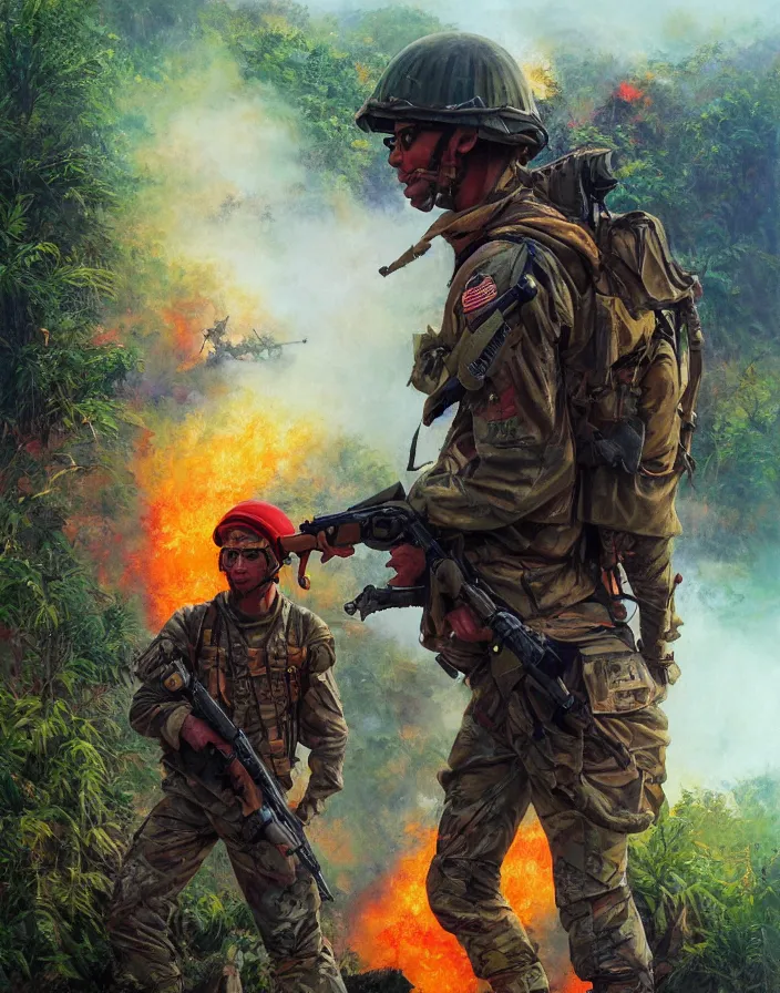 Prompt: One american soldier beholds the vastness of the jungle at the Vietnam War, fire here and there, an explosion and mist, boixcar style, oil on canvas cover art with colorful and vibrant colors, dynamic poses, movie still, cinematic lighting, art by Stanley ‘Artgerm’ Lau, Greg Rutkowski and Alex Ross, award-winning masterpiece with incredible and beautiful details digital art, trending on artstation, smooth, HD, 4K