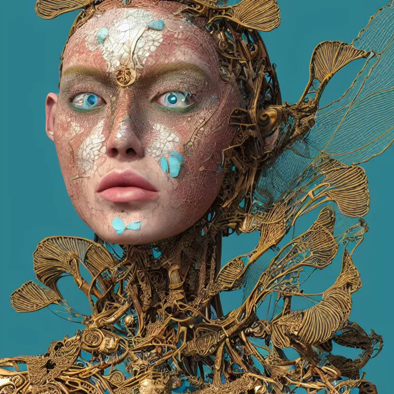 Prompt: cinema 4d colorful render, organic, ultra detailed, of a painted realistic porcelain woman's face, scratched. biomechanical cyborg, analog, macro lens, beautiful natural soft rim light, big leaves, winged insects and stems, roots, fine foliage lace, turquoise gold details, Alexander Mcqueen high fashion haute couture, art nouveau fashion embroidered, intricate details, mesh wire, mandelbrot fractal, anatomical, facial muscles, cable wires, elegant, hyper realistic, in front of dark flower pattern wallpaper, ultra detailed, 8k post-production