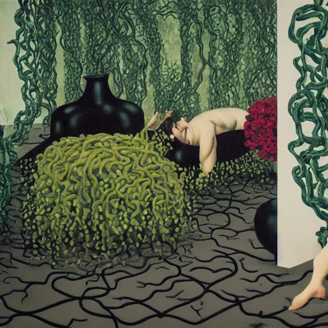 Image similar to a pathology student in her apartment, wrapped in vines, large stones, pig, black walls, ikebana, black armchair, puddles, moss, acrylic on canvas, surrealist, by magritte and monet