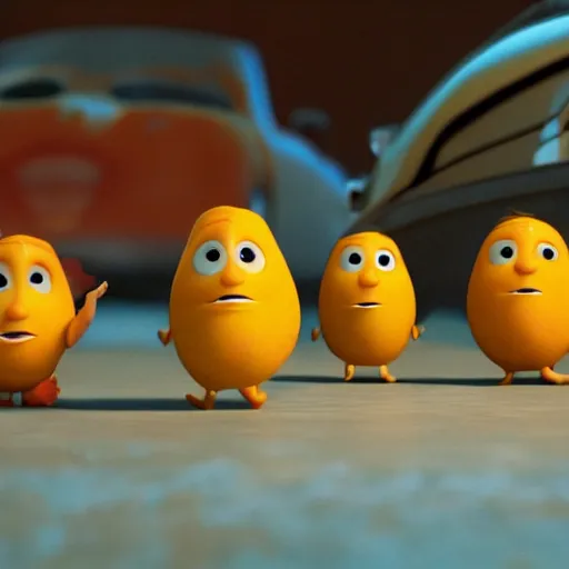 Image similar to a cinematic film still from a 2010 Pixar movie about anthropomorphic lemons, in the style of Pixar, shallow depth of focus