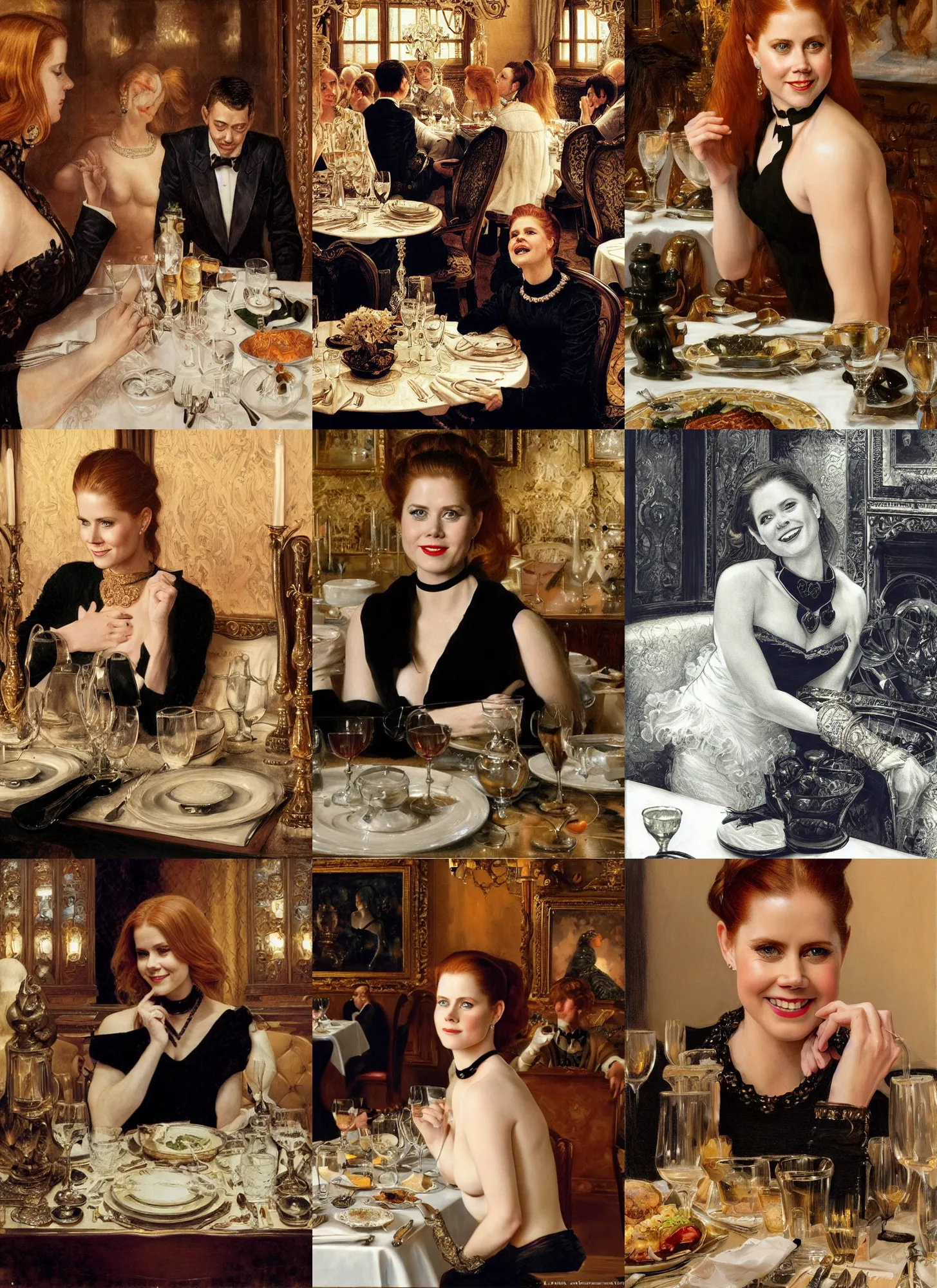 Prompt: dinner with amy adams smiling sitting across the camera wearing a black choker staring into the camera in an expensive private restaurant, 1 9 7 0, intricate, elegant, tasteful, highly detailed, shallow depth of field, artgerm, donato giancola, joseph christian leyendecker