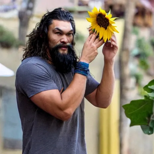 Prompt: Jason Momoa eating sunflower seeds in Candelaria in Tenerife