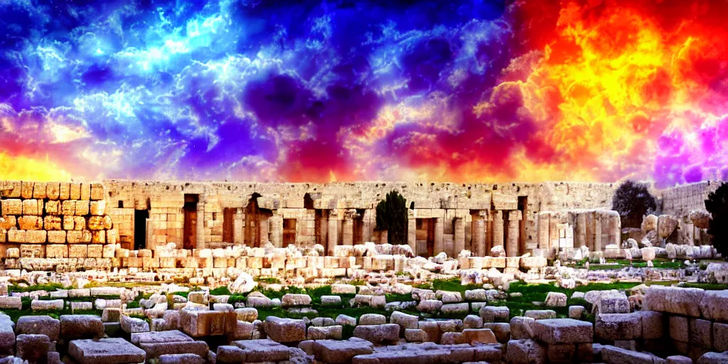 Prompt: spiritual chakra energies in the huge ruins of the second temple in jerusalem, dreamy sky, the third temple hovers quietly hiding in the sky above, very colorful painting 8 k trending on art station, intricate superb details, digital art, cinematic lighting, volumetric lighting, photographic, blur bokeh defocus dof sky by afremov, award winning masterpiece.