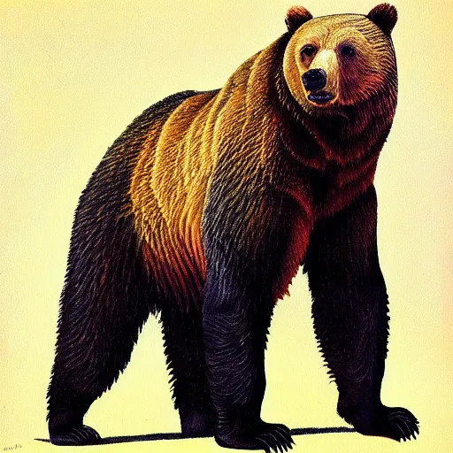 Image similar to grizzly bear painting, standing upright, very detailed, in the style of davinci