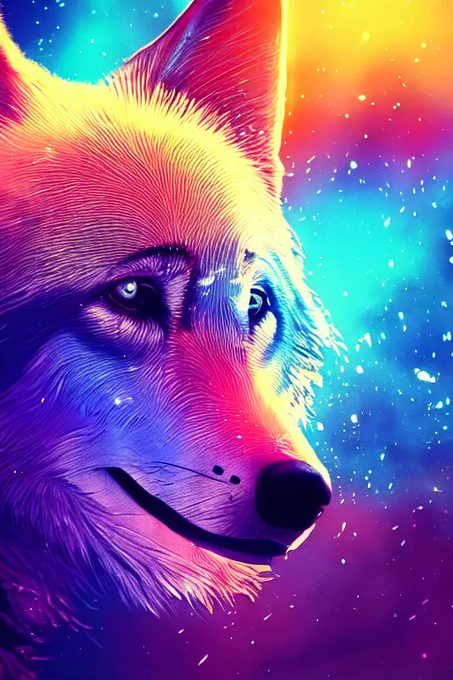 Prompt: psychedelic close-up shot from below of a wolf with style and swagger, clear dark background, object spotlight, octane render, HD, 8k, hyper realism, beautiful color pallet, epic, synthwave art style