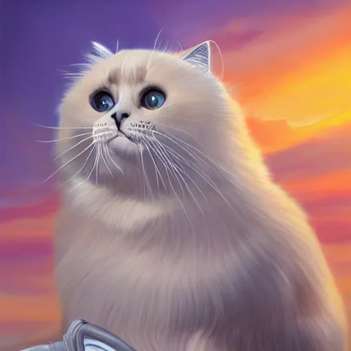 Image similar to oil painting portrait of a beautiful seal bicolor ragdoll cat wearing an artist smock and beret holding a paint palette with easel in front of the cat, sunset background, digital art, concept art, highly detailed, 3-D 4k, trending on art station, Mark Brooks,