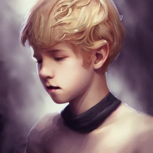 Image similar to young boy, blonde hair, happy eyes, smile, gorgeous, amazing, delicate, elegant, intricate, highly detailed, watercolor, portrait, artstation, concept art, sharp focus, illustration, art by charlie bowater and Ross tran