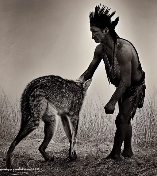 Image similar to Award winning Editorial photo of a Iroquois Native petting a wild coyote by Edward Sherriff Curtis and Lee Jeffries, 85mm ND 5, perfect lighting, gelatin silver process