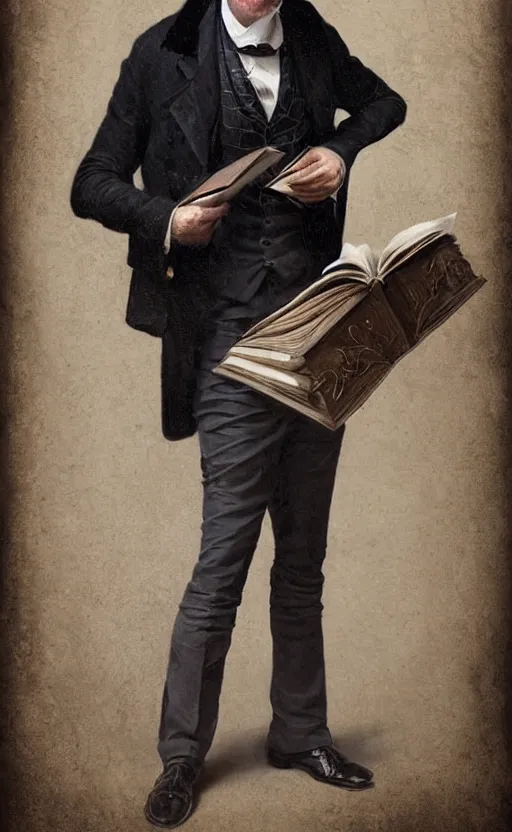 Prompt: portrait of a middle aged victorian gentleman, holding a large book, dressed in suit and waistcoat, male, detailed face, victorian, highly detailed, cinematic lighting, digital art painting by greg rutkowski