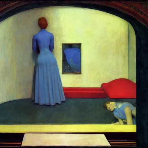 Prompt: a nightmare, film still by edward hopper, by Pontormo, by klimt, pre-raphaelite. art noveau, art noveau, highly detailed, strong lights, liminal, eerie, Bright pastel colors