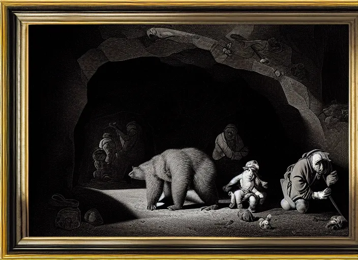 Image similar to Pieter Claesz's 'viewer looking into dark cave and seeing a mother bear and her cubs sleeping', night time, cross hatching, framed