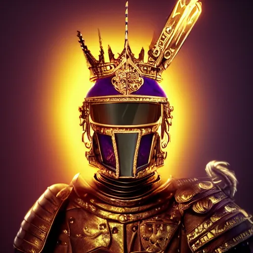 Image similar to a highly detailed knight with glowing purple eyes in a T golden helmet and a golden crown with a blue diamond in the center, golden armor, leather clothes under the armor, leather gloves, holds a black sword, artstation, DeviantArt, professional, octane render, sunset lighting