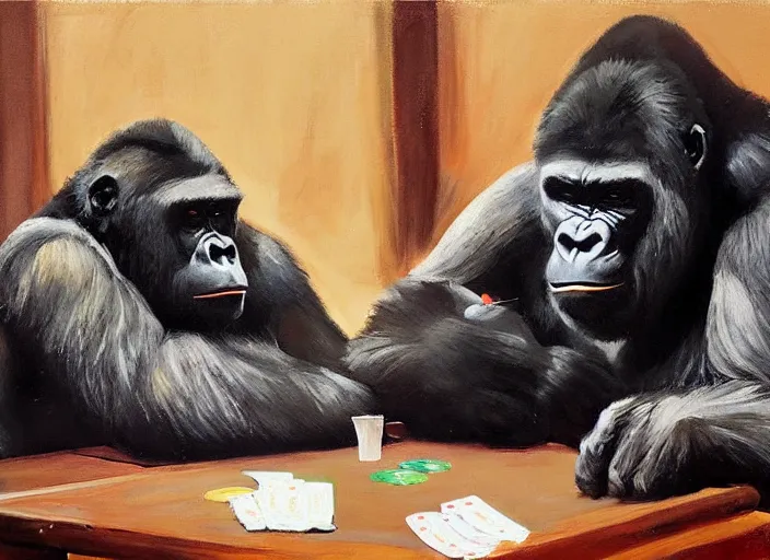 Prompt: a highly detailed beautiful portrait of a gorilla and a bear playing poker, by gregory manchess, james gurney, james jean