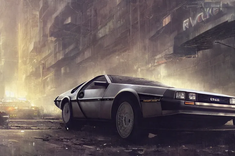 Image similar to photograph of the delorean, with a sleek spoiler, driving down the streets of a cyberpunk abandoned city, by greg rutkowski, by stanley artgerm, by alphonse mucha