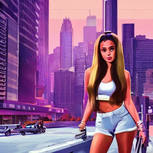 Image similar to ariana grande in gta v, cover art by stephen bliss, artstation, no text