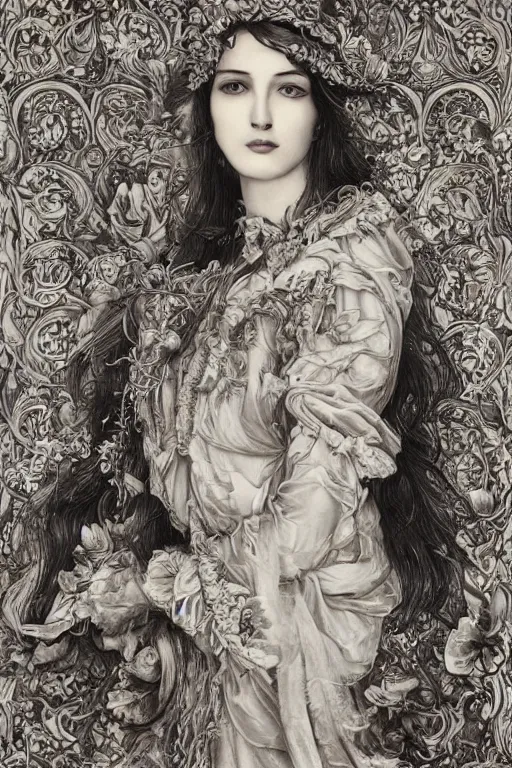 Image similar to An extremely beautiful pre-raphaelite intricate ultradetailed ornate portrait of a very beautiful elegant witch, regal, digital art painting, smooth, sharp focus, magazine art cover illustration, award winning picture, extremely detailed masterpiece, sense of awe, featured on Artstation, Artgerm, ethereal bubbles, Aetherpunk, atmospheric lightning, backlit, highly detailed illustration highlights, concept art, Exquisite matte painting, floral details, 8K detail post-processing