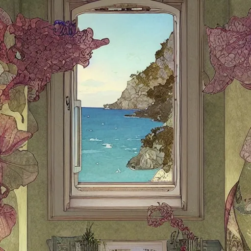 Prompt: a beautiful intricate watercolor illustration of a beach landscape view from a window, 4 k, ultra - wide angle, by william turner, by victo ngai, by alphonse mucha, by miho hirano, hd, trending on artstation, hyper detailed, muted colors
