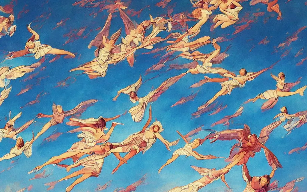 Prompt: vision of angels - a painting of a group of angels flying in formation, their wings creating a beautiful pattern in the sky by qian xuan and austin briggs, style of glossy reflections