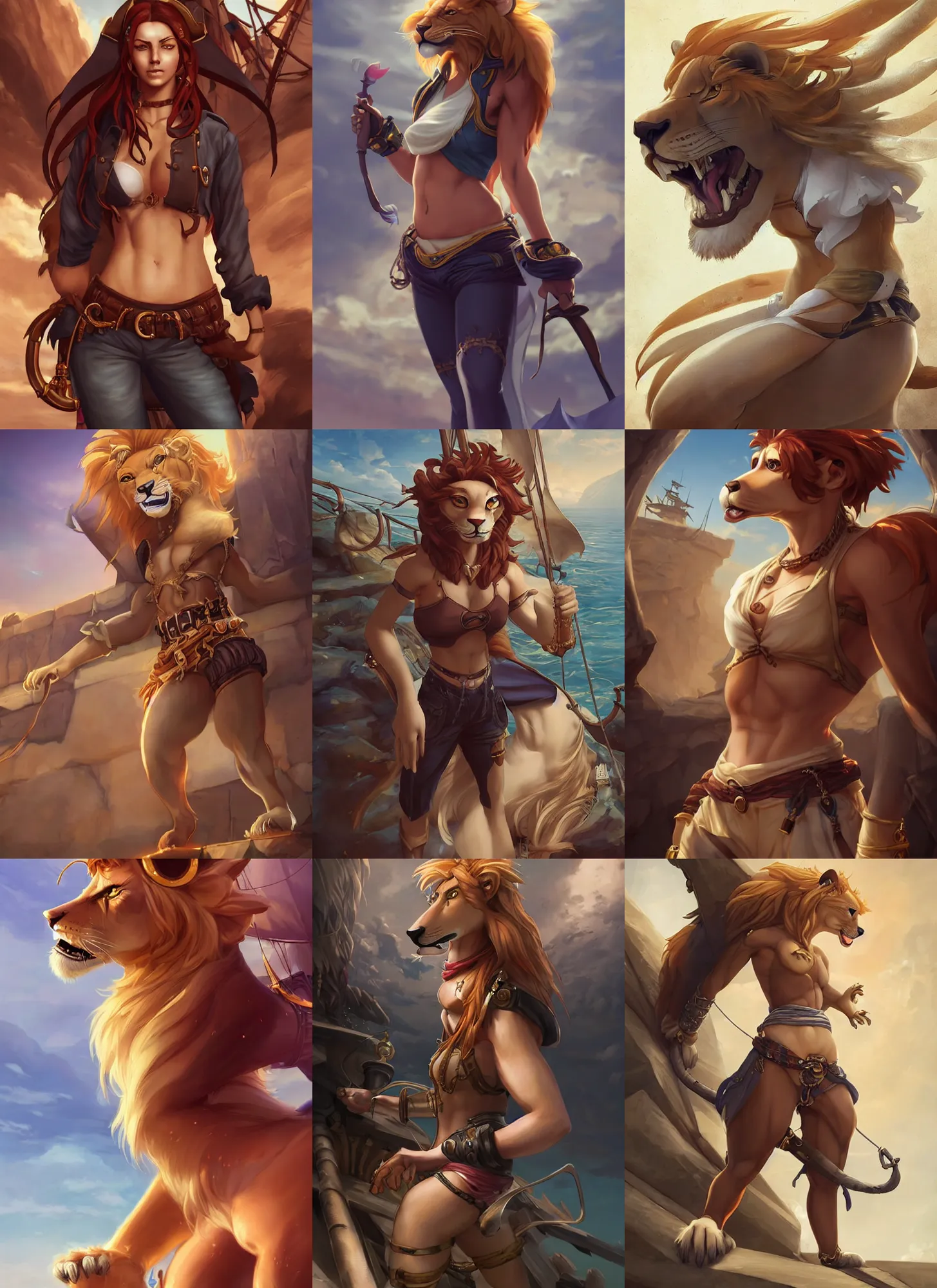 Prompt: beautiful portrait of a female anthropomorphic lioness fursona pirate captain on a pirate ship. exposed midriff and muscular abs. character design by charlie bowater, ross tran, artgerm, and makoto shinkai, detailed, soft lighting, rendered in octane