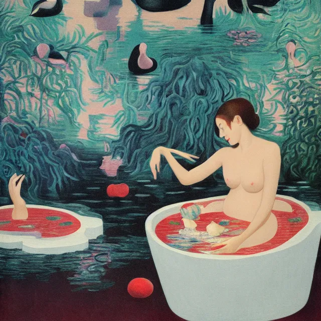 Prompt: female emo art student in her bath, painting of flood waters inside an artist's feminine bathroom, a river flooding indoors, pomegranates, pigs, ikebana, water, octopus, river, rapids, waterfall, black swans, canoe, berries, acrylic on canvas, surrealist, by magritte and monet