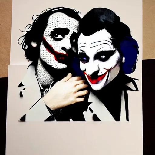 Image similar to mimmo rottela and banksy as joaquin phoenix skinny joker holding hand lady gaga harley queen, ultra photorealistic, intricate details, pop art style, baroque, hyperdetailed, concept art, ultrarealistic, 3 colors, smooth, sharp focus