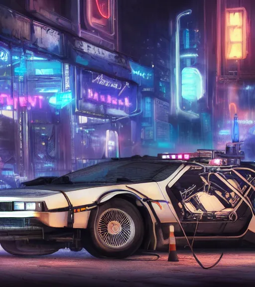 Image similar to steampunk delorean in a cyberpunk city, neon signs, futuristic, realistic, 8 k, extremely detailed, cgi, trending on artstation, hyper - realistic render, 4 k hd wallpaper, premium prints available, by greg rutkowski