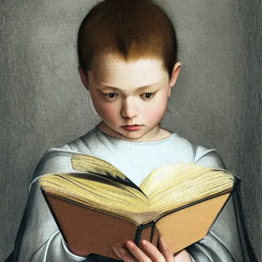 Prompt: minimalist full lenght portrait of a beautiful hyperrealistic child reading books in a futuristic room. seen from the distance in the style of Caravaggio with flemish baroque vibrant shiny maximalist textures in soft pastel tones. matte background. HD 8x