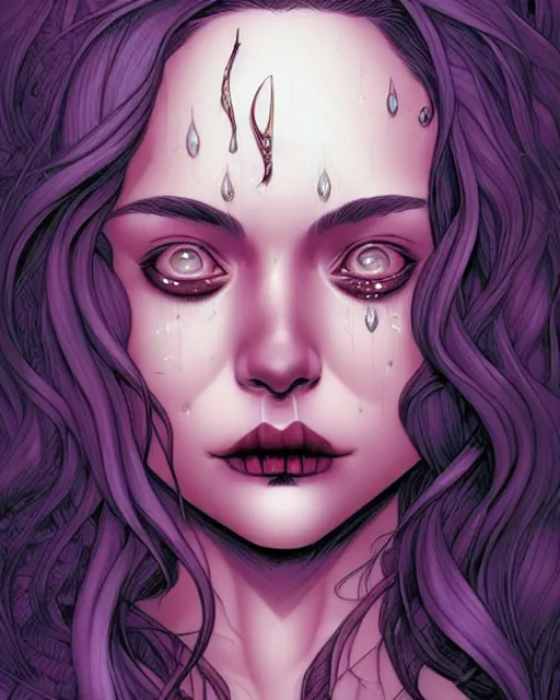 Image similar to comic cover art of a beautiful girl with tears in her eyes, skulls in the background, illustration by jenny frison and sana takeda, intricate details, stunning inking lines, stunning gradient colors, 4 k, hd, artstation, award winning