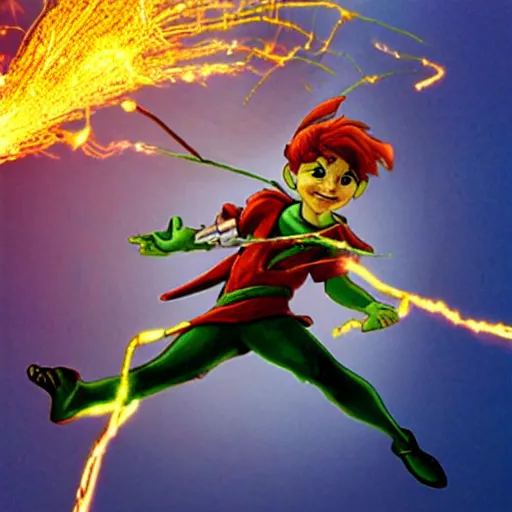 Image similar to Peter Pan caught in high voltage lines with sparks