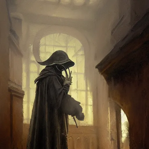 Image similar to plague doctor, oil painting, by Greg Rutkowski