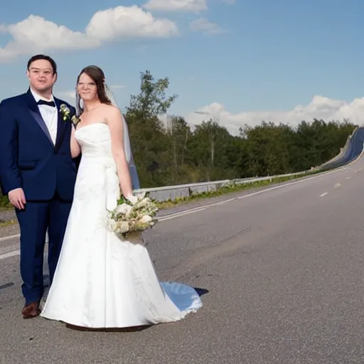 Prompt: a wedding takes place in the middle of a highway, wedding photo