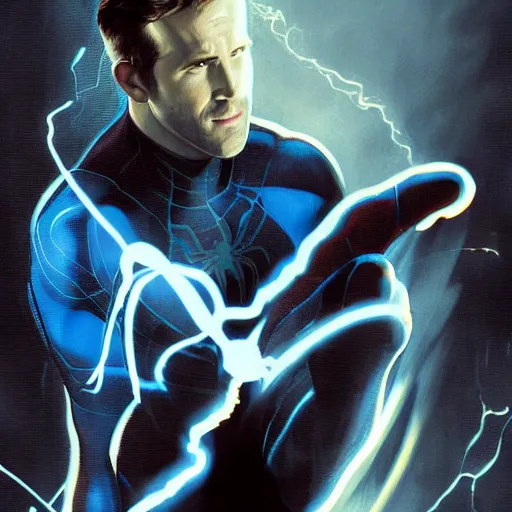 Image similar to ryan reynolds as a black and blue suit spider - man, cinematic, volumetric lighting, f 8 aperture, cinematic eastman 5 3 8 4 film, photorealistic by greg rutkowski, by stanley artgerm, by alphonse mucha