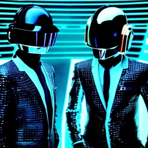Prompt: “behind the scenes still of Daft Punk guest appearance in Tron (1985). Award winning Photo.”