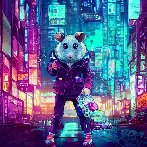 Image similar to high detailed anthropomorphic hamster in a cyberpunk rainy city at night by josan gonzalez, purple and blue neons, unreal engine, high quality, 4 k, uhd, trending on artstation, wires, blade runner vibes, ghost in the shell, akira, dorohedoro