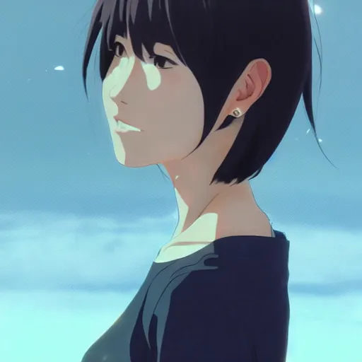 Prompt: A portrait of a woman with japanese cut hair, by Dice Tsutsumi, Makoto Shinkai,