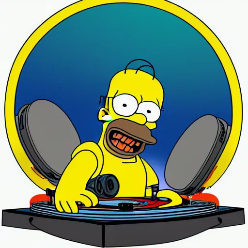 Image similar to svg sticker of a Homer-Simpson at a rave, spinning records, giant headphones rocking out, wearing headphones, huge speakers, dancing, rave, DJ, spinning records, digital art, amazing composition, rule-of-thirds, award-winning, trending on artstation, featured on deviantart