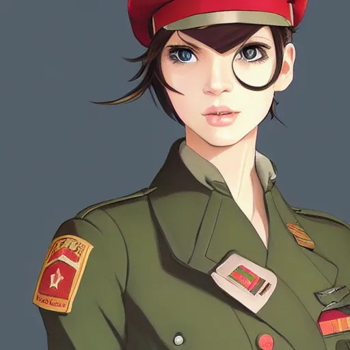 Image similar to portrait of young woman with light brown hair and hazel eyes dressed in a sharp dark teal military uniform with beret, saluting, smiling, ilya kuvshinov, anime, ross tran