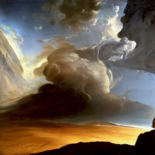 Prompt: astronaut standing on the surface of mars, looking at the turbulent sky on the horizon as painted by caravaggio as painted by turner, high detail 8 k render