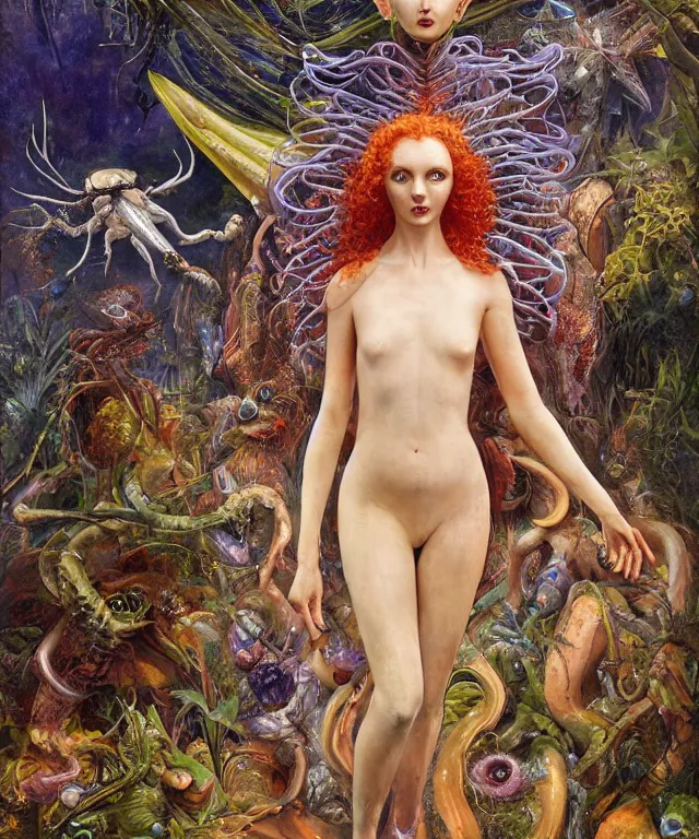 Prompt: a portrait photograph of lily cole as a strong alien harpy queen with amphibian skin. she is dressed in a colorful slimy organic membrane catsuit and transforming into an fish with an armored exoskeleton. by donato giancola, walton ford, ernst haeckel, peter mohrbacher, hr giger. 8 k, cgsociety, fashion editorial