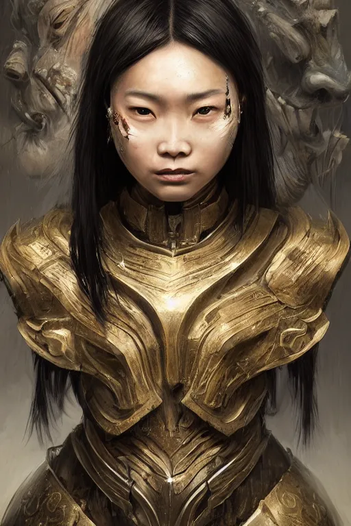 Image similar to Art station concept of Asian woman, fair skin, big eyes, long black hair, no bangs, wearing sculpted textured armor, closes her eye, battle damage, intricate complexity, close-up of the front of the face, resolute expression, back lighting, 4K resolution, symmetric, clear facial features, by Ruan Jia and Mandy Jurgens and William-Adolphe Bouguereau, Karol Bak, smooth, sharp focus, rich deep colors, Unreal Engine 5, digital render, intricate, ultra realistic, concept art,