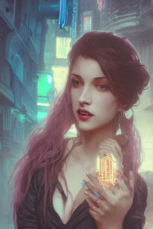 Image similar to portrait, vampire of clan banu haqim, light brown skin, night, long light blue hair, beautiful, in a cyberpunk city, neon signs, jewelry, alphonse mucha, william bouguereau, rossdraws, greg rutkowski, super detailed, realistic, octane render, volumetric, cinematic, 8 k