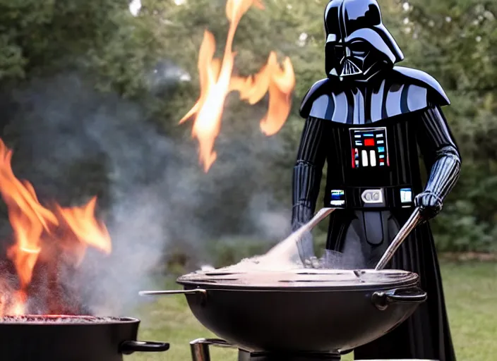 Image similar to film still of Darth Vader cooking on an outdoor grill in the new Star Wars movie, 4k