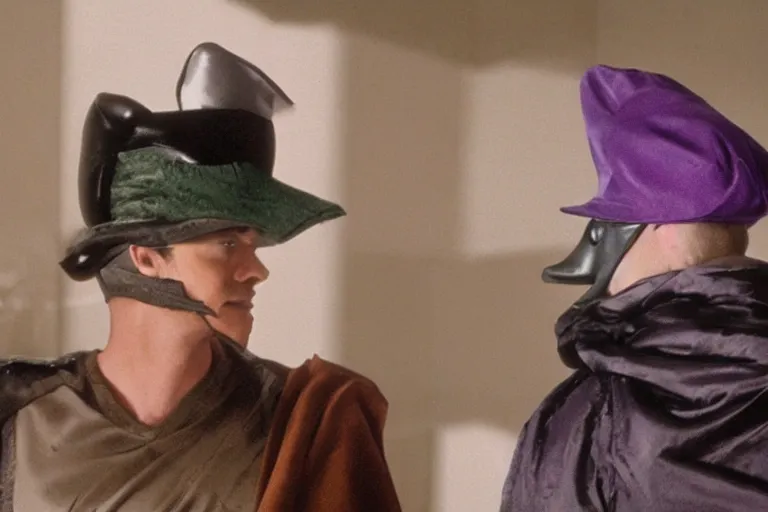 Image similar to duck wearing purple hat and cape and zoro mask by Roger Deakins