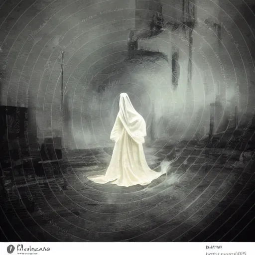 Image similar to ominous bedsheet ghost floating in front of a train, oil painting, brush strokes, gloomy foggy atmosphere, symmetrical, full body image, highly ornate intricate details,