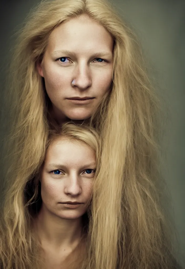 Image similar to portrait of a beautiful young scandinavian woman. studio photo by annie leibovitz.