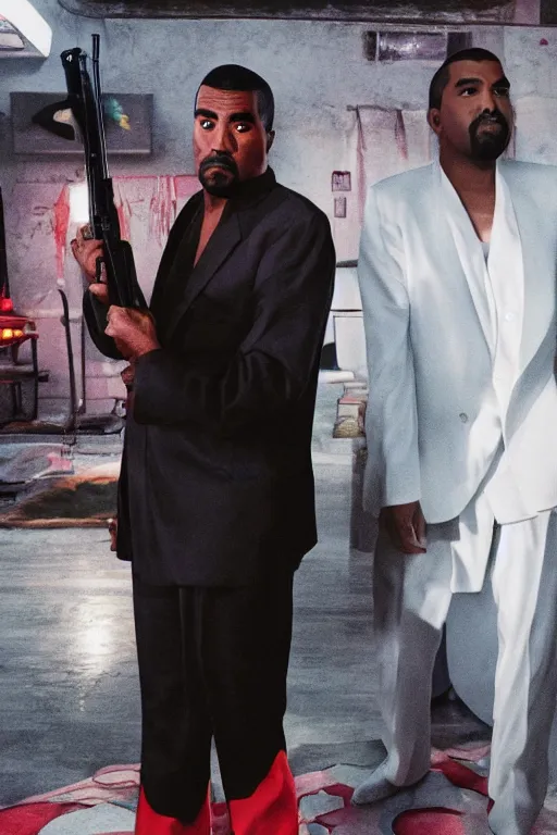 Prompt: hyperrealistic cinematic portrait of chow yun - fat and kanye west, wearing tuxedos, shooting guns in a quentin tarantino movie, 8 k, pulp fiction style, unreal engine