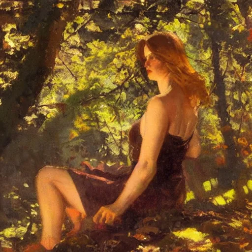 Prompt: young woman lost in a forest, by dean cornwell, sunlit